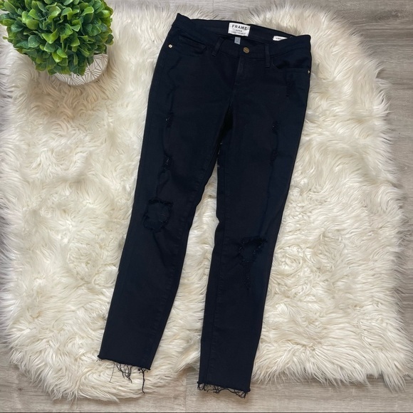 Frame Denim Le Skinny De Jeanne in Empire‎ Distressed Raw Hem Jean Black Size 27 - Picture 3 of 12